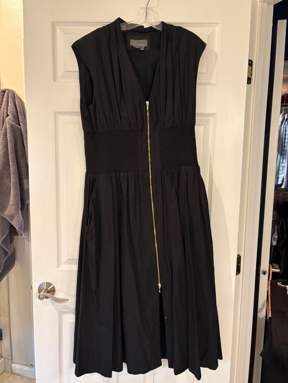 Anthropologie Black Midi Dress with Gold Zip Detail
